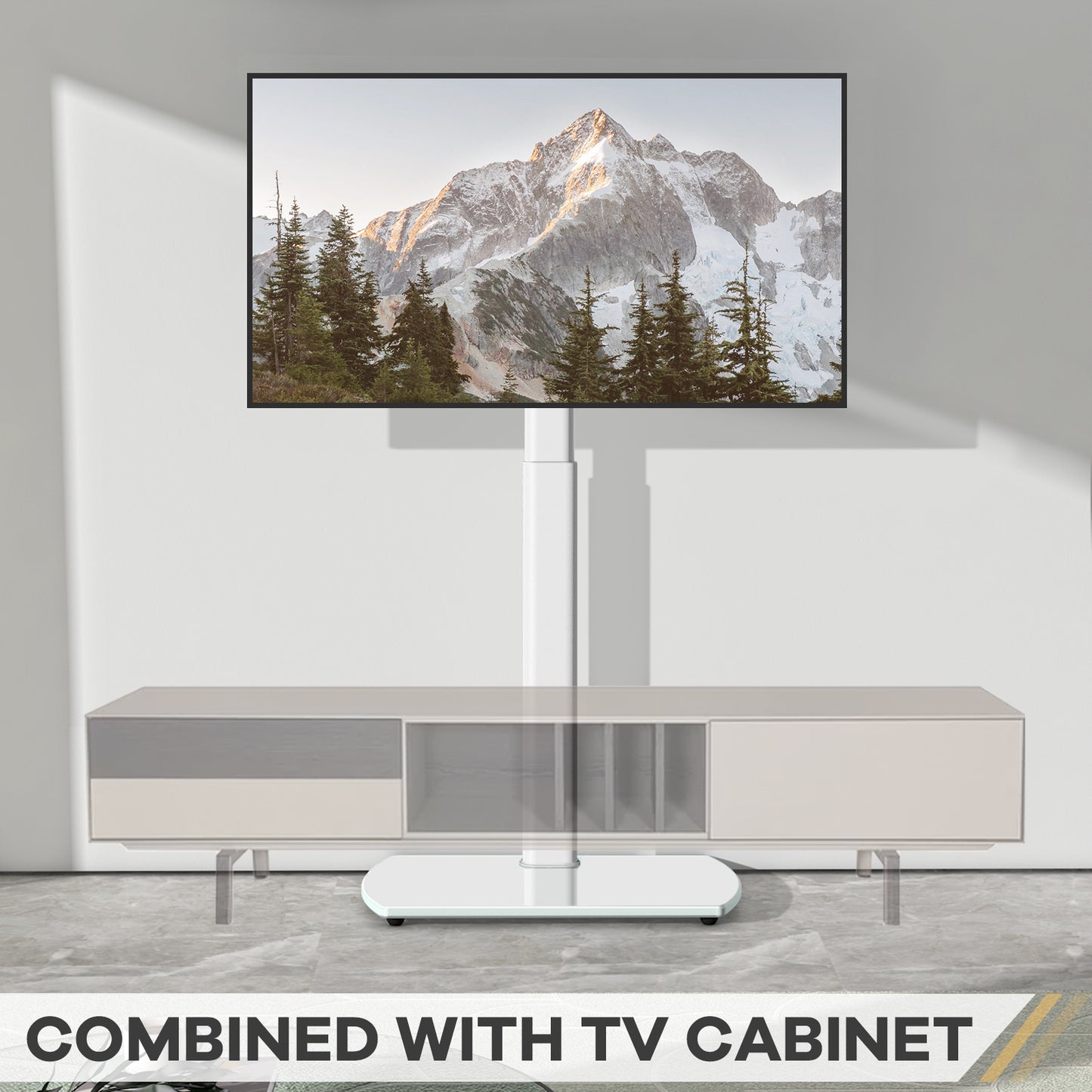 Universal Swivel Floor TV Stand with Mount & Storage Shelf, Height Adjustable Space Saving Corner TV Holder for 32-65" LCD LED Flat Screen Television, Compatible with Apple TV/Roku Ultra, Stable Entertainment Media Stand for Home Bedroom Office Decor