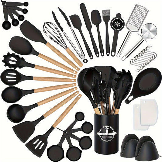 43Pcs Food Grade Silicone Kitchen Utensils Set, Non-Stick Heat Resistant Cookware with Wooden Handles, Multi-purpose Kitchen Gadgets for Cooking & Baking