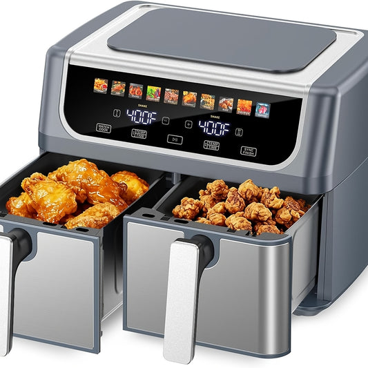 Quart Dual Zone Air Fryer Double Basket Independent Temperature Control Sync Cook 10 Presets with Shake Reminder System