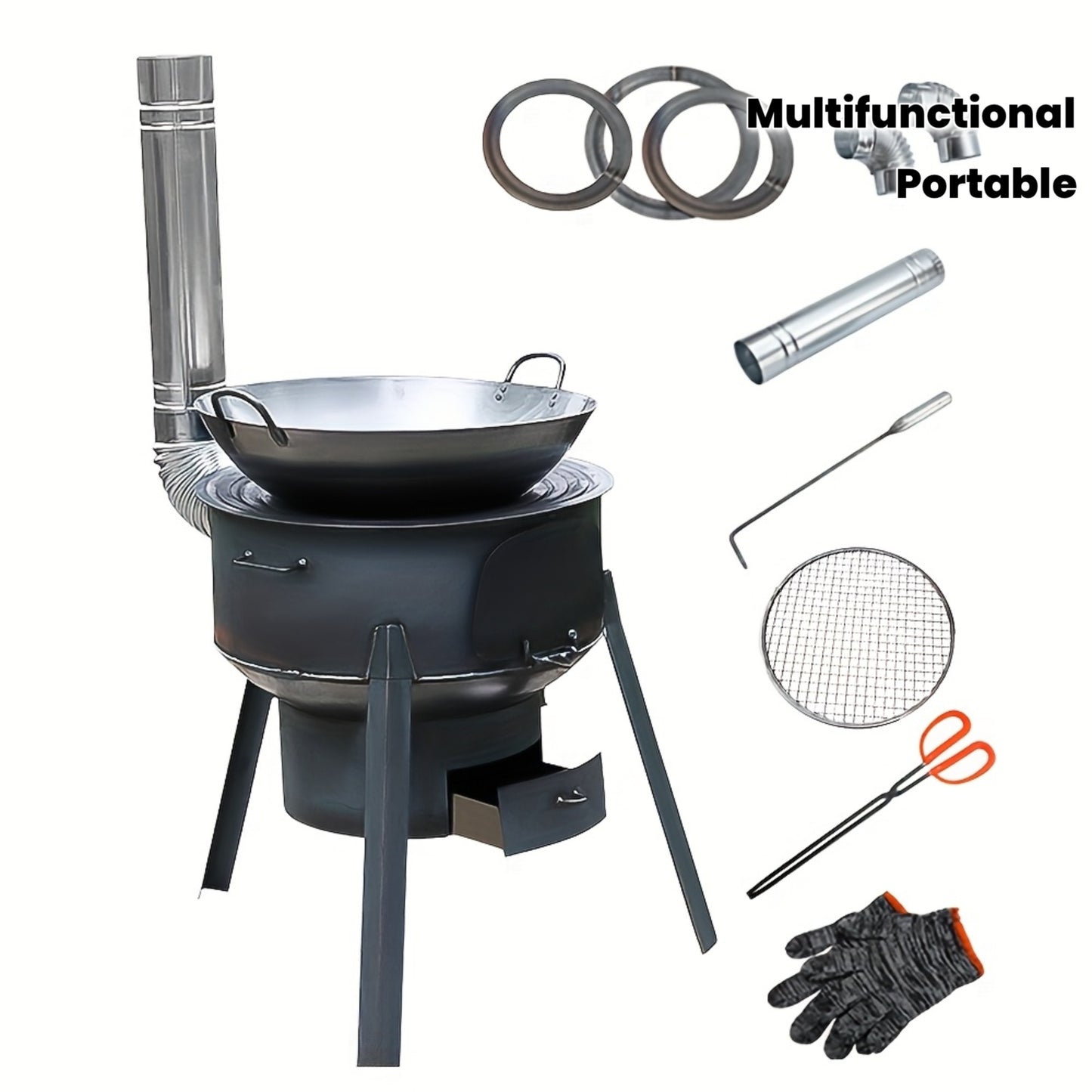 Multifunctional Portable Detachable Wood Burning Stove for Outdoor Camping, Hiking, Cooking & Heating with Round Grill Net