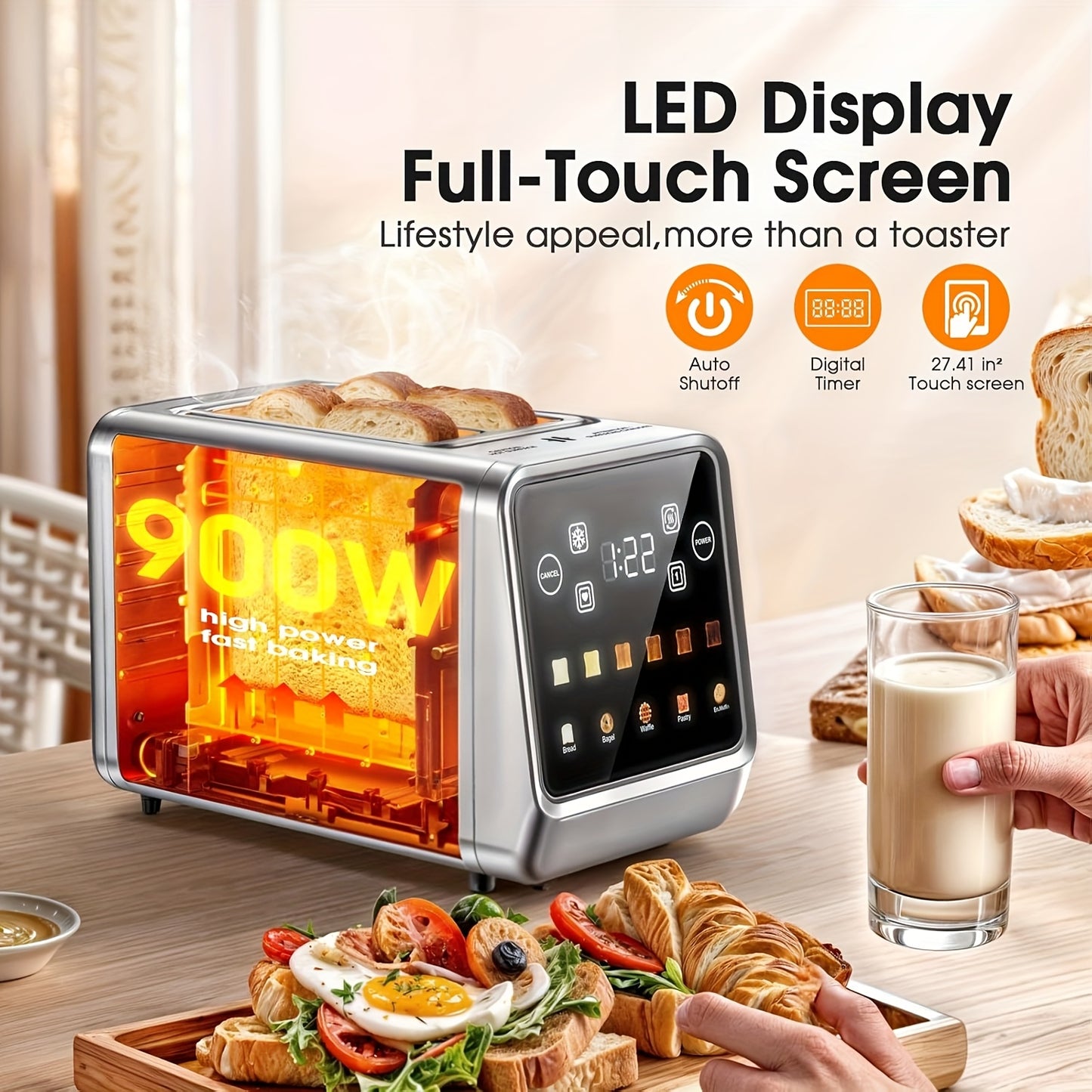 Smart Digital Touch Screen Toaster, 2 Slice Stainless Steel Toaster 900W, 1.5" Wide Slot, Memory Function, 5 Bread Types & 6 Browning Shades