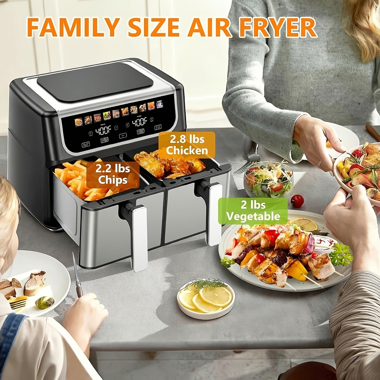 Quart Dual Zone Air Fryer Double Basket Independent Temperature Control Sync Cook 10 Presets with Shake Reminder System