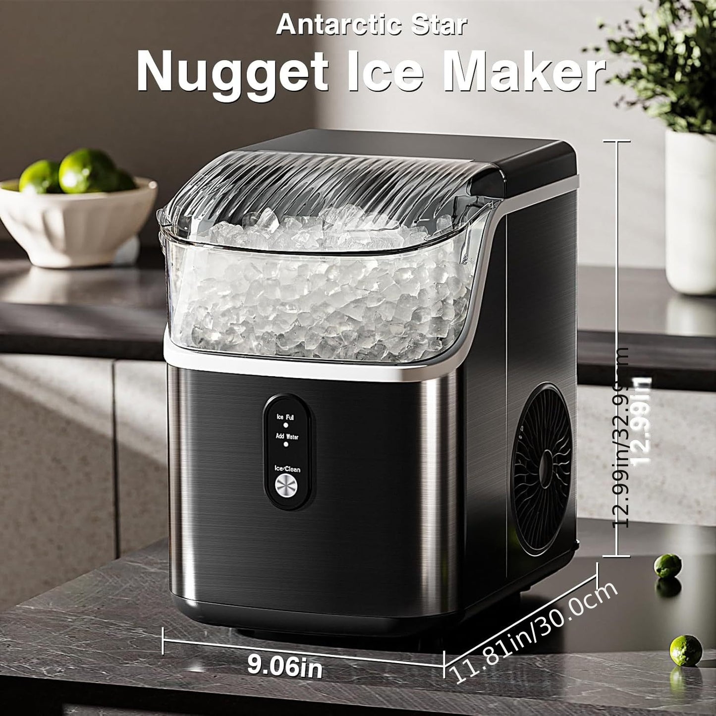 Nugget Ice Maker Countertop - Portable Pebble Ice Machine, Chewable Pellet Ice, 35lbs/24H, Self-Cleaning & One-Click Operation, Stainless Steel Ice Maker for Home, Kitchen, Office & Bar