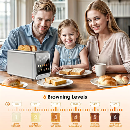 Smart Digital Touch Screen Toaster, 2 Slice Stainless Steel Toaster 900W, 1.5" Wide Slot, Memory Function, 5 Bread Types & 6 Browning Shades