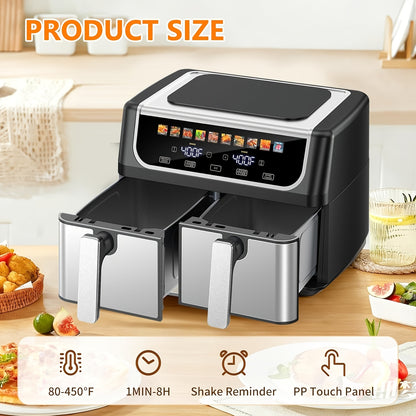 Quart Dual Zone Air Fryer Double Basket Independent Temperature Control Sync Cook 10 Presets with Shake Reminder System