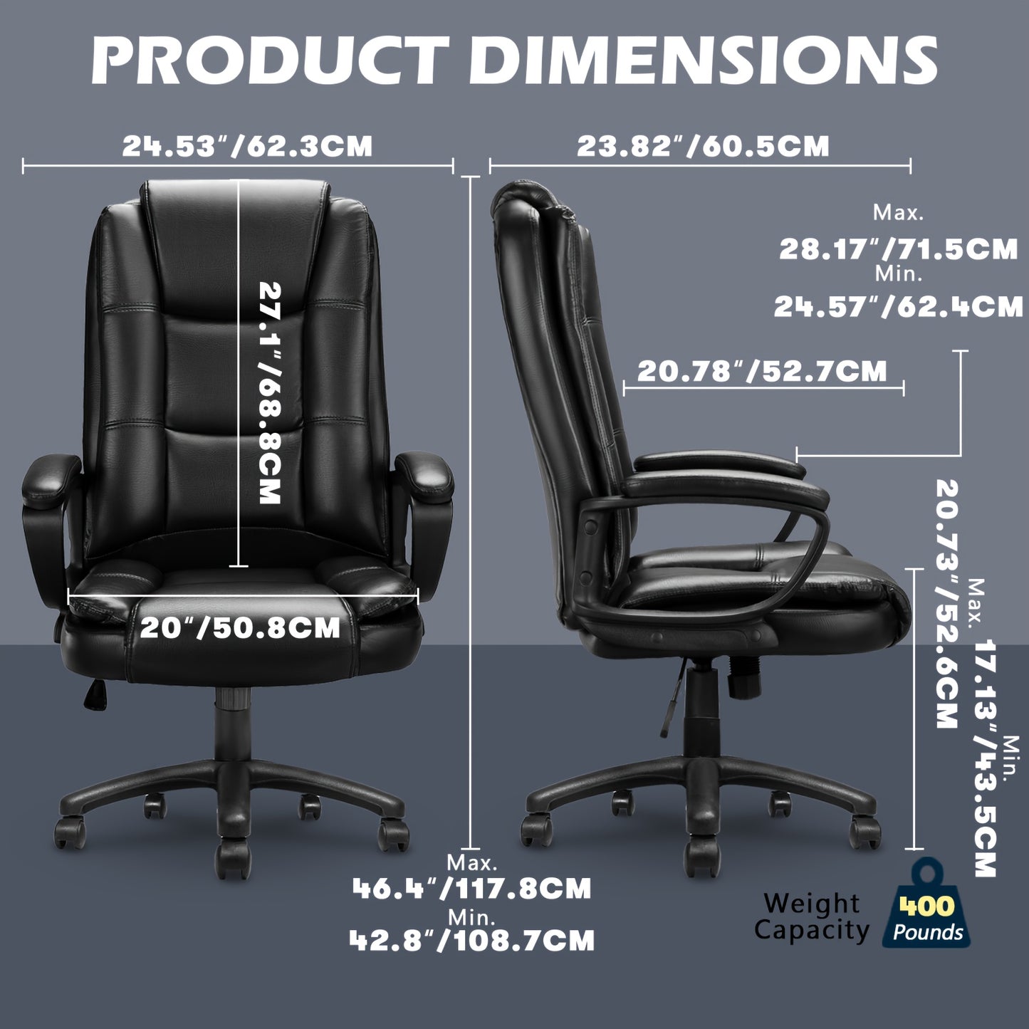 400LBS Big & Tall Executive Office Chair, High Back Ergonomic Faux Leather Desk Chair, Adjustable Heavy Duty Computer Chair with Comfort Cushion & Lumbar Support, Home Managerial Gaming Seating