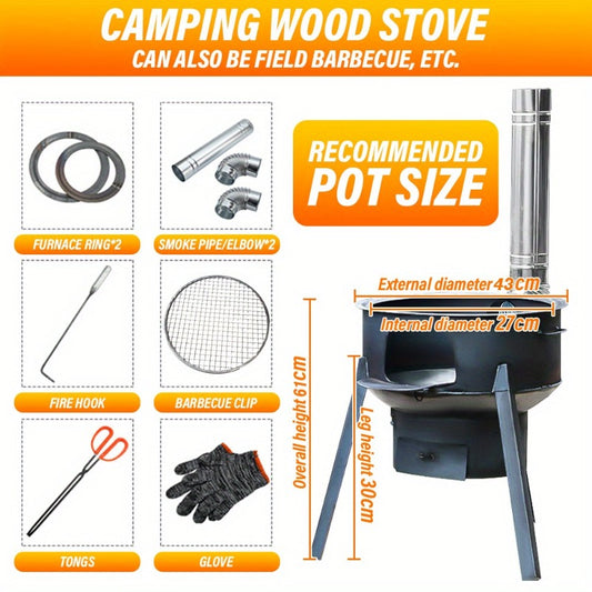 Multifunctional Portable Detachable Wood Burning Stove for Outdoor Camping, Hiking, Cooking & Heating with Round Grill Net