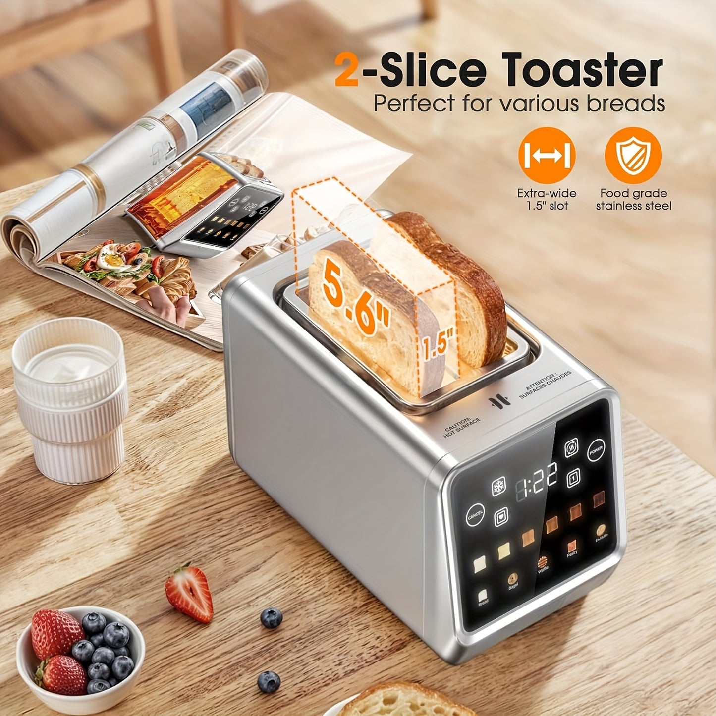 Smart Digital Touch Screen Toaster, 2 Slice Stainless Steel Toaster 900W, 1.5" Wide Slot, Memory Function, 5 Bread Types & 6 Browning Shades
