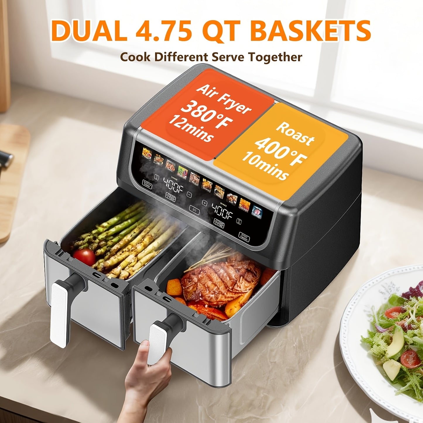 Quart Dual Zone Air Fryer Double Basket Independent Temperature Control Sync Cook 10 Presets with Shake Reminder System