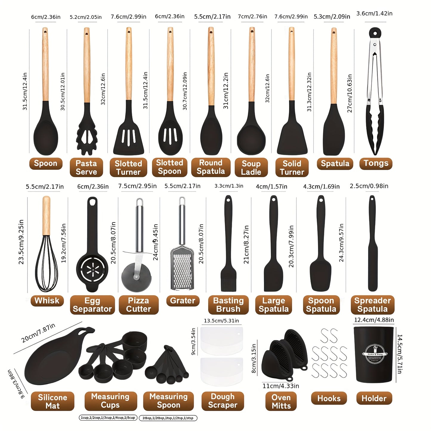 43Pcs Food Grade Silicone Kitchen Utensils Set, Non-Stick Heat Resistant Cookware with Wooden Handles, Multi-purpose Kitchen Gadgets for Cooking & Baking