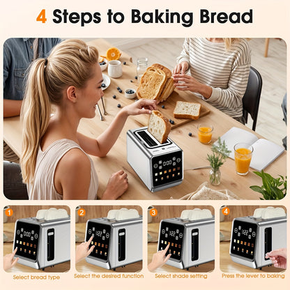 Smart Digital Touch Screen Toaster, 2 Slice Stainless Steel Toaster 900W, 1.5" Wide Slot, Memory Function, 5 Bread Types & 6 Browning Shades