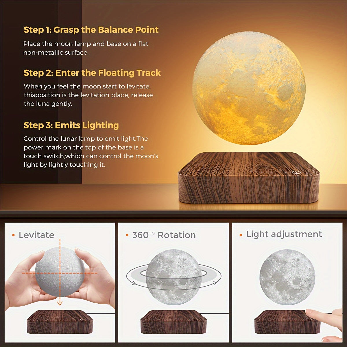 Levitating Moon Lamp, Magnetic Floating Spinning Luna Night Light with 3 Color Modes, Home Office Desk Decor & Bedroom Unique Lamp, Cool Tech Gadget Gift