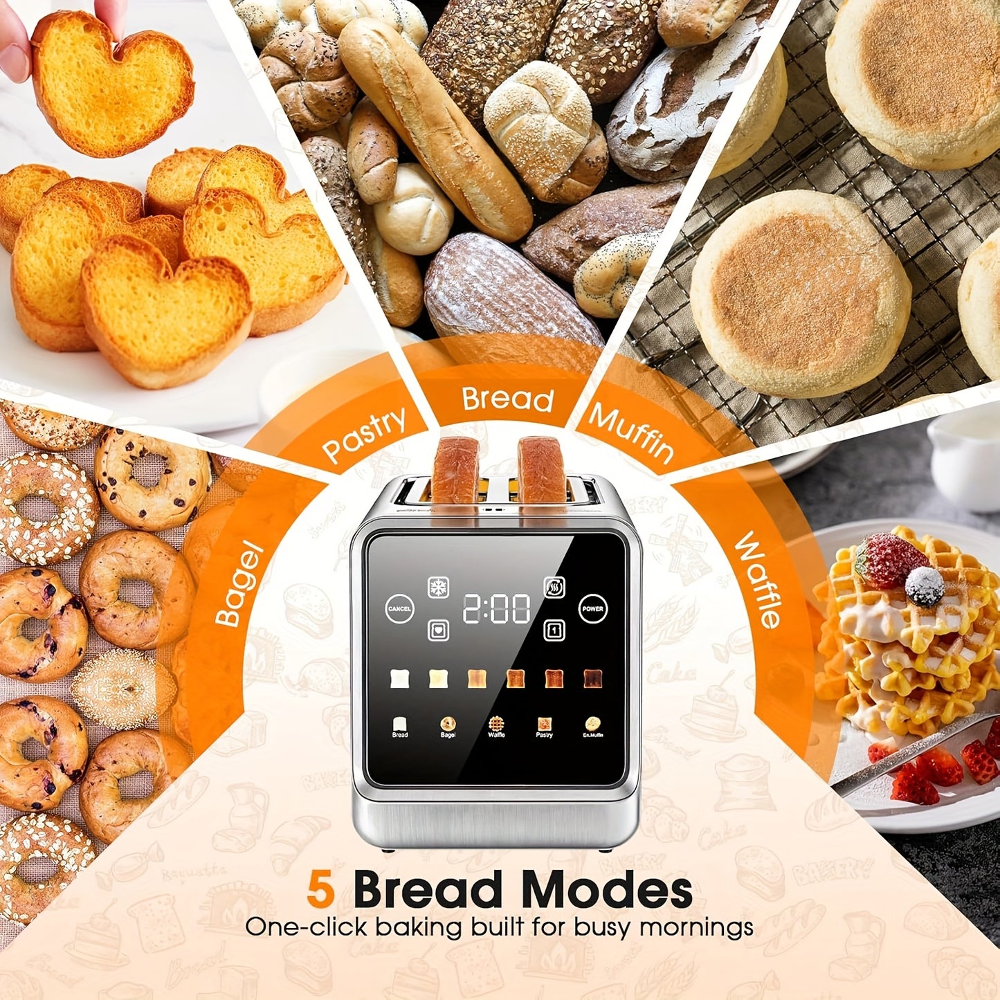 Smart Digital Touch Screen Toaster, 2 Slice Stainless Steel Toaster 900W, 1.5" Wide Slot, Memory Function, 5 Bread Types & 6 Browning Shades