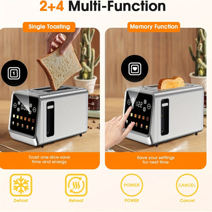 Smart Digital Touch Screen Toaster, 2 Slice Stainless Steel Toaster 900W, 1.5" Wide Slot, Memory Function, 5 Bread Types & 6 Browning Shades