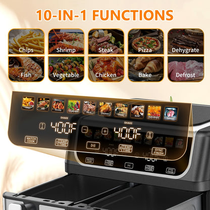 Quart Dual Zone Air Fryer Double Basket Independent Temperature Control Sync Cook 10 Presets with Shake Reminder System