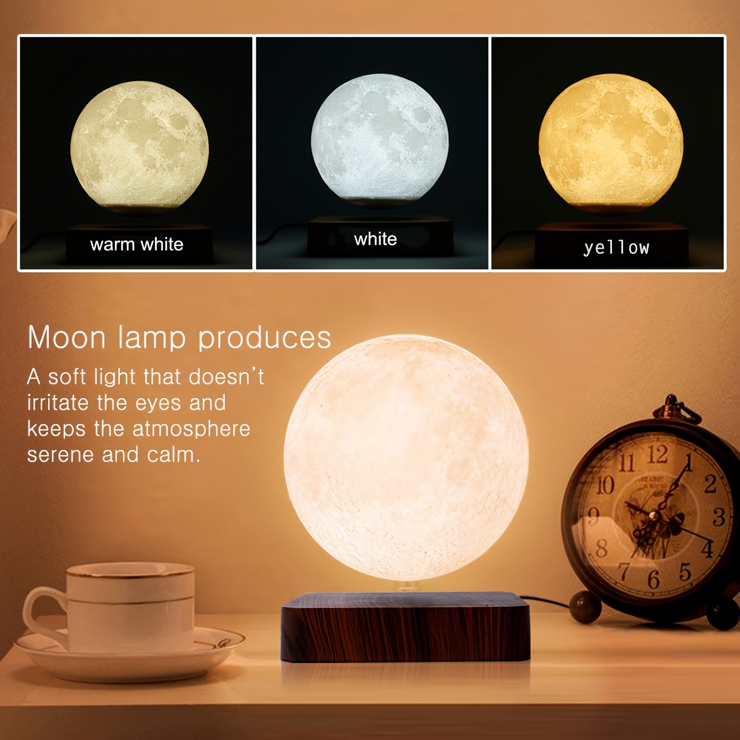 Levitating Moon Lamp, Magnetic Floating Spinning Luna Night Light with 3 Color Modes, Home Office Desk Decor & Bedroom Unique Lamp, Cool Tech Gadget Gift