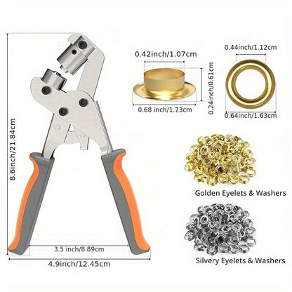 10mm 3/8" Grommet Tool Kit, Heavy Duty Handheld Press with Hole Punch & 500PCS Eyelets, DIY Grommet Set for Fabric Tarps Banners Tents
