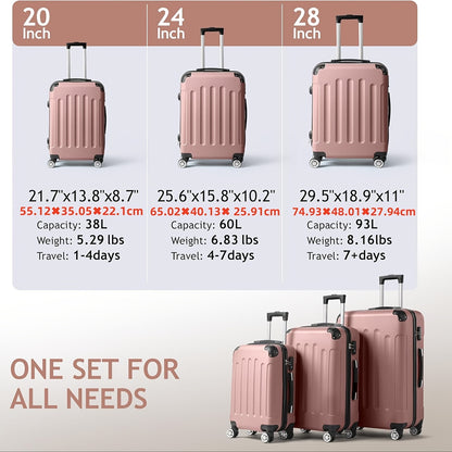 3pcs Lightweight Hard Shell Luggage Set 20/24/28 Inch Corner Protectors TSA Lock 360° Spinner Wheels Travel Suitcase