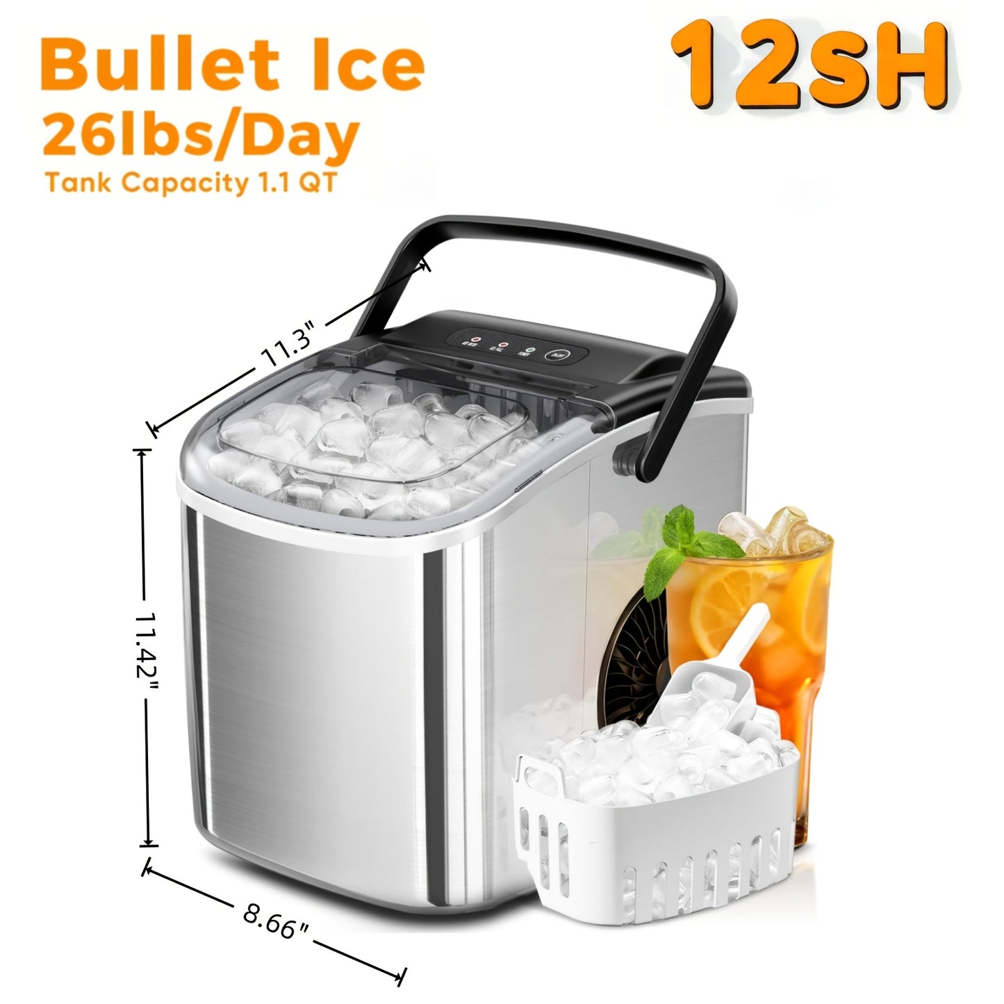 Nugget Ice Maker Countertop - Portable Pebble Ice Machine, Chewable Pellet Ice, 35lbs/24H, Self-Cleaning & One-Click Operation, Stainless Steel Ice Maker for Home, Kitchen, Office & Bar