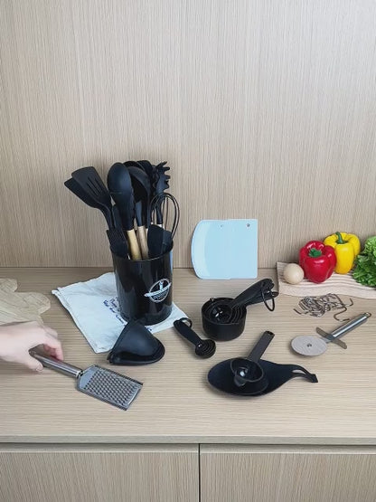 43Pcs Food Grade Silicone Kitchen Utensils Set, Non-Stick Heat Resistant Cookware with Wooden Handles, Multi-purpose Kitchen Gadgets for Cooking & Baking